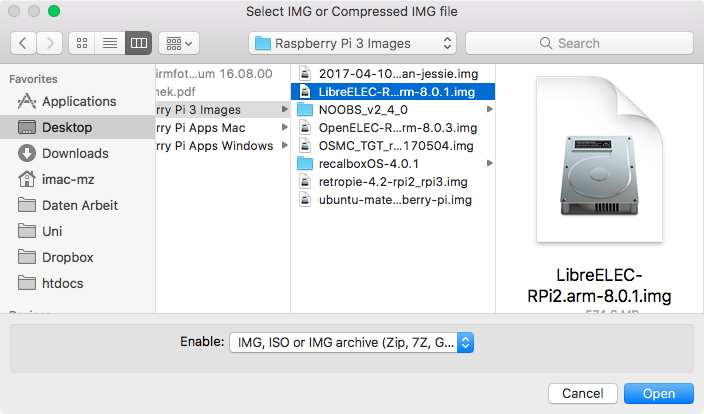 Nachdem Klick auf den Restore Button öffnet sich das Finderfenster. Üblicherweise wurde die bereits heruntergeladene Image-Datei in Downloads gespeichert. Navigiert nun zur heruntergeladenen Datei und wählt diese aus. Klickt zum Abschluss auf Open.