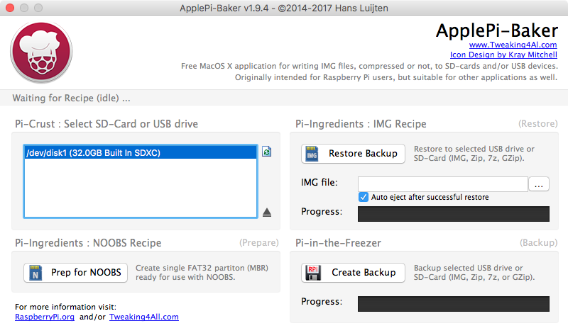 Im linken Fenster werden die eingelegten Speichermedien angezeigt. Die Speichermedien tragen die Pfadbezeichnung /dev/diskX, wobei X für den Einhängepunkt (mount point) im System steht. Am einfachsten findet man das richtige Speichermedium an der danach folgenden Speichergröße heraus. In diesem Fall folgt nach der Pfadangabe 32.0GB, also die Speichergröße der eingelegten microSD-Karte.