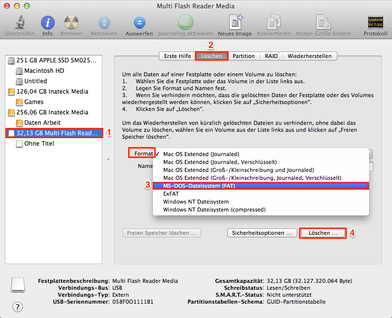 SD Karte mit dem Festplatttendienstprogramm auf MS-DOS-Dateisystem (FAT) formatieren. Der Eintrag Format finden Sie unter dem Reiter "Löschen".