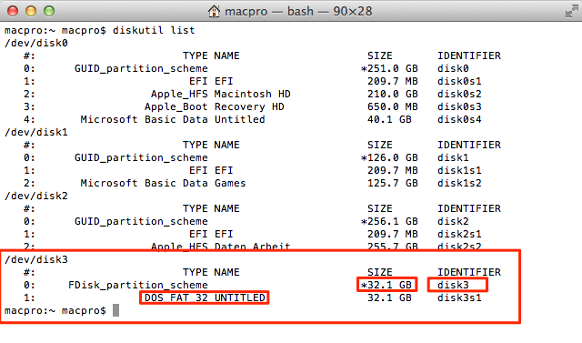 Befehl zeigt eine Liste alle eingehängter Speichermedien. Es muss die richtige Zugehörigkeitsnummer des mount points identifiziert werden – dies geschiet am leichtesten an der Speichergröße des eingelegten Mediums.