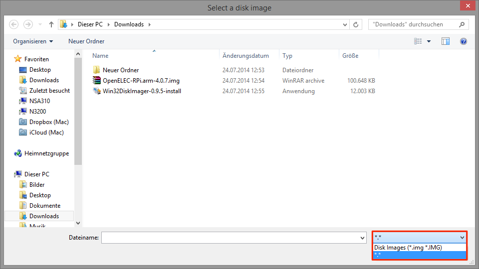 Alle Dateitypen anzeigen falls die OpenELEC Image Datei nicht sichtbar ist - zu finden nachder Dateiname Eingabezeile.